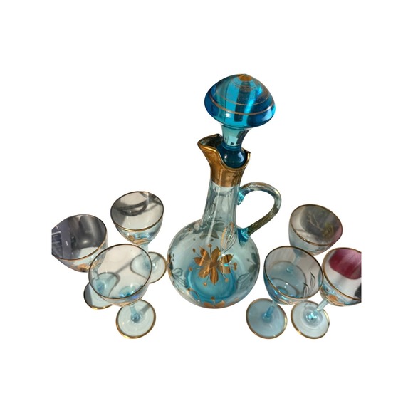 Vintage Romanie Cristiro Decanter Set with 24k trip and‎ 6 Cordial Glasses - Picture 2 of 2